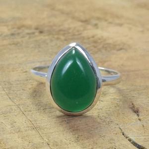 925 Sterling Silver Handmade <b>Fine</b> <b>Ring</b> Natural Green Onyx Gemstone Pear Cut Bezel Setting Classic Engagement Wedding Anniversary - Product Image 1