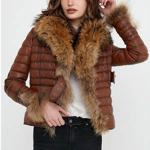 Chaqueta Acolchada de Cuero Marrón para Mujer con Ribete de Piel de Zorro Genuina, Estilo Acolchado, Ropa de Abrigo Cálida para Invierno, Abrigo de Cuero Moderno - Product Image 4