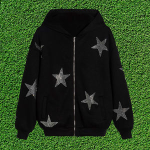 Custom Rhinestone Zipper up Streetwear Fleece Heavy Weight Hoodie Hombres Mejor calidad Hoodies Unisex Transpirable Hombres Hoodies - Product Image 1