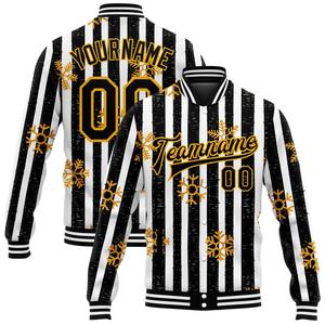 Direct Industry Wholesale Casual Winter Custom Black <b>Gold</b>-White Christmas <b>Gold</b> Snowflakes 3D Bomber Full-Snap Varsity Jacket - Product Image 1