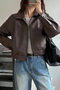 Veste bomber matelassée en cuir marron surdimensionnée pour femmes, écologique, vintage, fermeture éclair, style moto, hiver, décontractée, coupe ample, streetwear, coton - Product Image 6