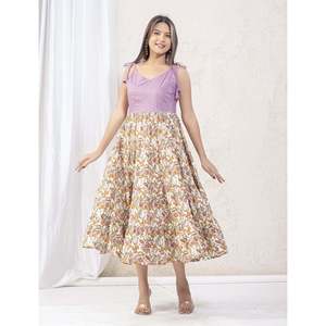 ชุดเดรสผ้าฝ้ายพิมพ์ลายสีขาวม่วงพร้อมสายคล้องไหล่ สไตล์ลำลอง ใส่ได้ทุกวัน ระบายอากาศได้ดี ไซส์ XS-6XL ยาวคลุมเท้า ช่วงเอวเข้ารูป - Product Image 5