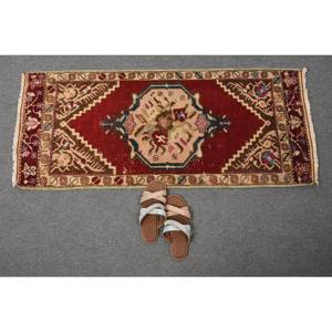 Alfombra Kilim de área grande, rojo y beige, 1,7x3,9 pies, tejido plano, lana turca, pelo de felpa, altura, patrón rectangular para alfombra de habitación de pasillo - Product Image 5