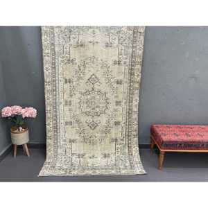 Tapis vintage 4,4 x 7,2 pieds, tapis turc oriental en laine gris bleu - Product Image 1