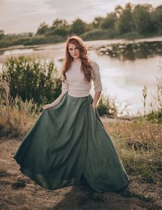 Jupe longue en lin vert à enrouler, poches, coton respirant, taille unique, style décontracté, uni, longueur au sol, taille naturelle - Product Image 1