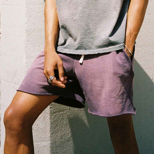 Custom Men's Heavyweight French Terry Sports Sweat Shorts Sun-Faded Vintage Distressed Acid Washed Solid Streetwear Jogging <b>Lace</b> - Product Image 5