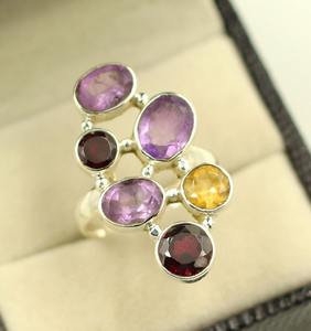 Anillo fino de Plata de Ley 925 con incrustaciones de varias piedras, estilo bonito con amatista, citrino, granate para fiestas, amantes cristianos - Product Image 1