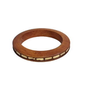 Slim Profile Natural Wood Bangle with <b>Cream</b> Mosaic Inlay - Traditional Tribal Style Handcrafted Wooden Bracelet - Lightweight - Product Image 1