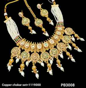 Beautiful Stunning Kundan Studded Round Shape Dangle Gold Plated Copper Wedding Jewellery With Earring Mangtika Set For Womens - Product Image 1