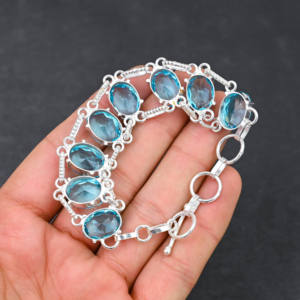 Pulsera de piedras preciosas de Topacio Azul creada en laboratorio de diseñador, cadena hecha a mano chapada en plata 925, joyería de boda de lujo de 7-8 pulgadas perfecta - Product Image 3