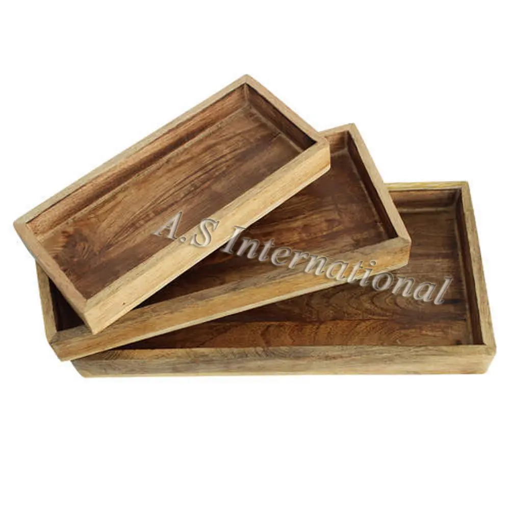 Set kualitas bagus dari 3 nampan Saji kayu alami tampilan Desktop kayu untuk makanan Multi fungsi Bar teh baki kayu persegi panjang