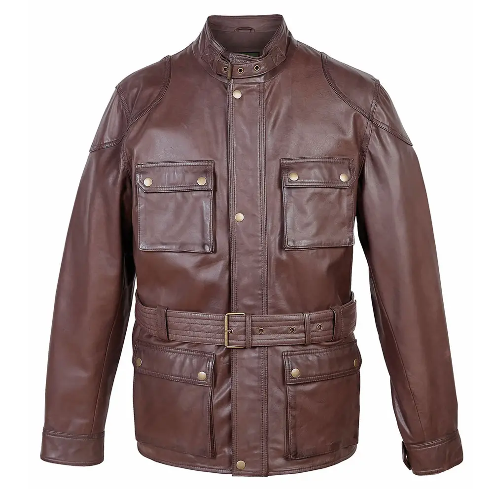 Abrigo de cuero desgastado con cinturón marrón a la moda, abrigo de cuero Nappa marrón para hombre