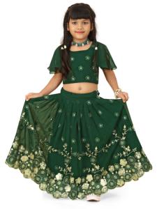 Shoryam - Lehenga Choli Tradicional Verde para Niñas, Mangas con Vuelo, Lentejuelas, Diseño Floral, Ropa Cultural India para Fiestas - Product Image 3