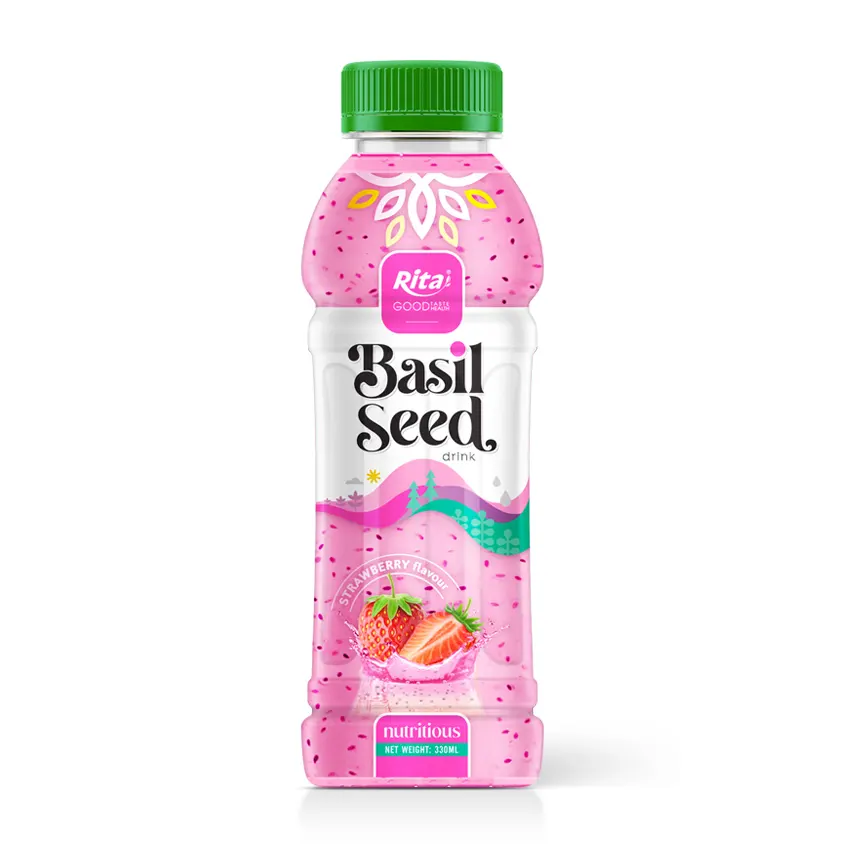 तुलसी बीज पेय 330ml पीईटी बोतल ताजा तुलसी बीज स्ट्रॉबेरी के साथ पेय स्वाद रीता ब्रांड अनुकूलित पैकेजिंग निजी लेबल