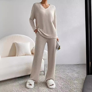 PASUXI Set Loungewear da Donna all'Ingrosso, Elegante Pigiama <span class=keywords><strong>in</strong></span> Maglia <span class=keywords><strong>con</strong></span> Scollo a V, <span class=keywords><strong>Pantaloni</strong></span> a Gamba Larga, Completo Due Pezzi Chic per Casa e Notte - Product Image 5