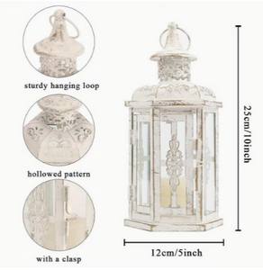 Elegante Juego de Faroles de Metal Blanco con Paneles de Vidrio Transparente, Diseño Vintage Calado, Brillo Cálido para Decoración Festiva del Hogar - Product Image 6