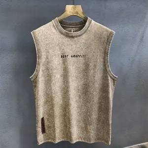 Camiseta sin mangas lavada exterior para hombre de High Street 100% algodón tejido Vintage Boxy Streetwear Hipster chaleco camiseta sin mangas - Product Image 2