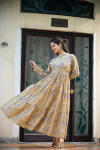 100% algodón ropa India bloque de mano estampado acampanado manga larga Midi escalonado Pastel Floral volantes largo Floral suelto lavable - Product Image 2