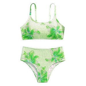 Ensemble de bikini 2 pièces pour femmes, imprimé floral, taille haute froncée, extensible, en spandex et polyester, maillot de bain imprimé numérique, vêtements de plage - Product Image 4