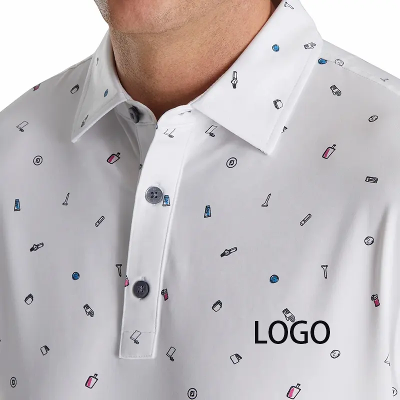 High Quality Custom Embroidery Logo Patterned Doodle Printing Lisle Self Collar Sublimation Men Performance Golf Shirts