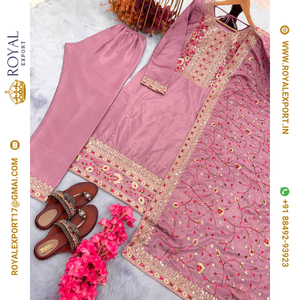 Lancement de la nouvelle collection de hauts et bas en soie chinon pure, lourde et de haute qualité, brodés, lavables, à motifs floraux indiens fantaisie, pour occasions spéciales. - Product Image 4