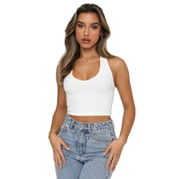 Atasan Musim Panas Trendi Wanita, Tank Top V-neck Tanpa Punggung, Atasan Ribbed Slim Polos Tanpa Lengan, Tank Top Halter Neck Polos Wanita