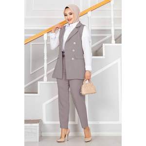 Collar de pañuelo Chaleco Hijab detallado Conjunto de 2 piezas Gris claro - Product Image 3