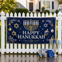 Bannière Joyeux Hanouka, design Ménorah et Étoile de David, 300x50cm, impression numérique double face, drapeau en polyester pour poteau, extérieur, porche, clôture