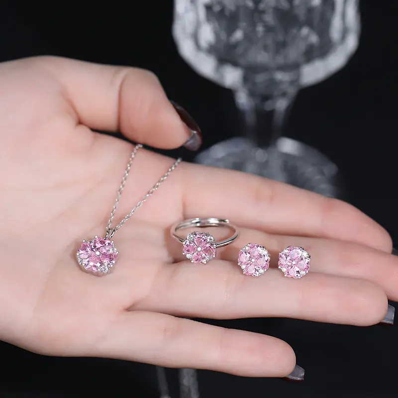 925 Sterling Silver Zircon 4 Lá Cỏ Ba Lá Mặt Dây Chuyền Vòng Cổ Vòng Tay Bông Tai Đặt Cubic Zirconia Hoa Đồ Trang Sức Thiết Cho Phụ Nữ