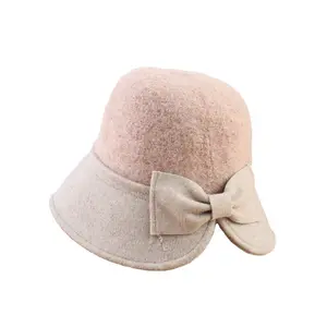 DLL536 Wholesale Fashion Elegant Bowknot Fedora Headgear Lady Wool Felt Hats Stylish Vintage Winter Bucket Beanies