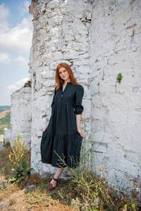 Romantic 100% Linen Midi <b>Dress</b> for Women Summer New Arrival Plus Size Quarter Sleeve Puffy Sleeves Lace/<b>Button</b> Decoration <b>Black</b> - Product Image 5