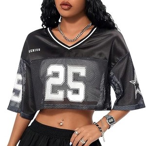 Camiseta de fútbol americano Vintage personalizada para mujer, uniforme recortado de malla cuadrada con cuello en V de gran tamaño, corto, transpirable, absorbe la humedad de verano - Product Image 3