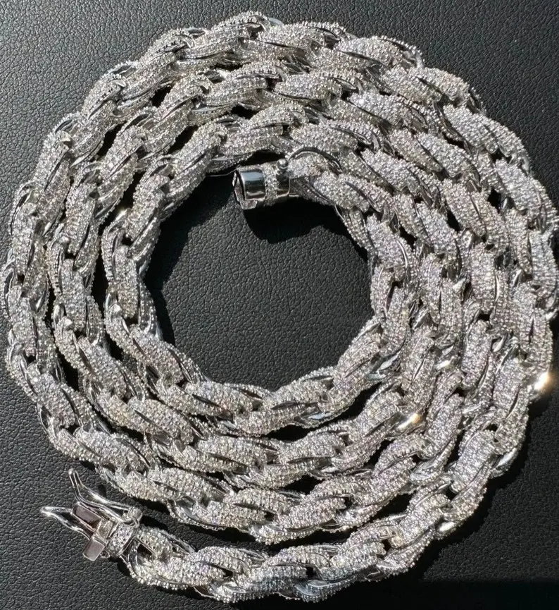 Erkek 7.5mm katı 925 ayar gümüş mozanit halat zincirler güzel gümüş zincirler mükemmel kesim özelleştirilmiş takı
