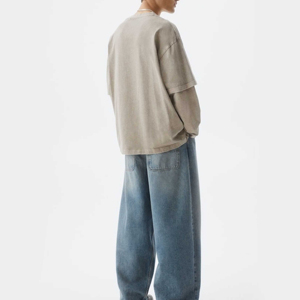 T-shirt pour homme en coton 100%, surdimensionné, streetwear, lourd, respirant, en toile, avec logo imprimé à l'écran, double couche, manches longues, col rond - Product Image 3