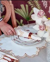 Set de table en lin blanc serviette de table couverts et pochettes ensemble de table brodé en lin à bord festonné doré réutilisable personnalisable