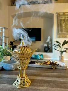 เตาน้ำมันหอมระเหยโลหะสไตล์อาหรับวินเทจใช้เป็นของขวัญรอมฎอนสีทองเงินตกแต่งสำเร็จสไตล์อาหรับเครื่องหอมอู๊ดแบบวินเทจทำมือ - Product Image 4