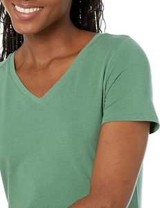 Approvisionnement d'usine de haute qualité T-shirt pour femmes couleur unie col en V couleur unie à manches courtes T-shirt pour femmes en gros - Product Image 4