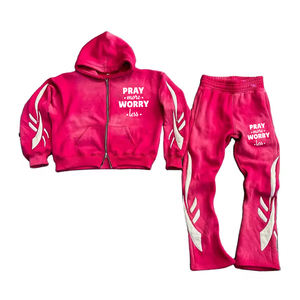 <b>Top</b> Quality Zipper up Sweat Suit Acid Wash Embroidery <b>Distresses</b> Hoodie Jogging Tracksuit Flared Sweatpants and Hoodie Set - Product Image 5