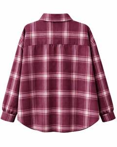Camisa Oversize de Franela a Cuadros para Mujer, Borgoña, Manga Larga, Casual, con Bolsillos, Suave, Otoño-Invierno, Venta al por Mayor - Product Image 2