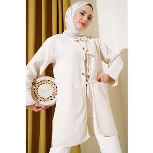 Knitted Piping Tied <b>Linen</b> Kimono Beige - Product Image 1