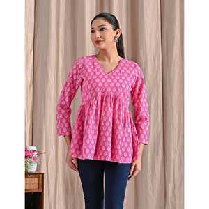 Top Peplum Rosa de Algodón Estampado Jaipuri, Transpirable, Casual, con Cintura Imperio - Product Image 6