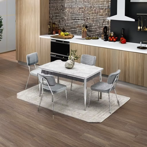 Ensemble de meubles de salle à manger moderne et élégant en acier inoxydable et velours, 1 table et 6 chaises, ajout élégant à la cuisine ou à la villa - Product Image 1