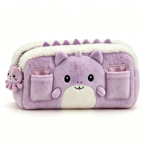 Customized purple dinosaur plush pencil case,Cute dinosaur plush pencil pouch with charm, <b>Large</b> capacity fluffy dinosaur - Product Image 1