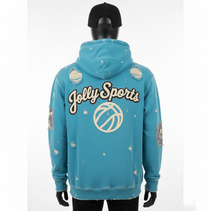 Sudadera con Capucha Premium de Tela de Felpa de 330 g/m², Diseño Desgastado, Color Verde Azulado, Logotipo Bordado en Chenilla Personalizado, Suave y Cálida, Estilo Urbano Básico - Product Image 5