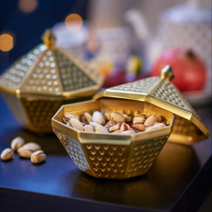 Luxury Golden <b>Chocolate</b> Bowl With Lid Hammered Style Bowl Minaret Round For <b>Ramadan</b> Wholesale Suppliers For Exports From India - Product Image 1