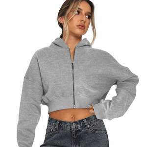 Sweat à capuche zippé en molleton de coton pour femme à manches longues taille haute hauts courts Streetwear vêtements d'extérieur avec capuche - Product Image 3