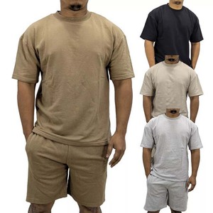 Ensemble pour hommes décontracté d'été tricoté à manches courtes respirant T-shirt pour hommes Shorts décontracté couleur unie mode col rond ensemble pour hommes - Product Image 1