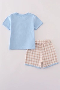 Beige <b>Gingham</b> <b>Shorts</b> Set for Boys Summer Comfortable Kids Outfit with Cute Puppy Design Embroidery Solid Pattern - Product Image 6