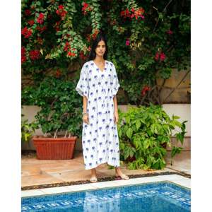 Caftán Elegante Casual de Talla Única con Estampado de Palmeras, Vestido de Verano Transpirable con Decoración Calada, Largo hasta el Suelo para Ocio y Fiestas - Product Image 6