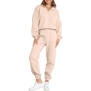Conjuntos de Jogger de 2 piezas de algodón 100% de peso pesado para mujer, ajuste holgado, media cremallera, botón de hombro caído y decoración de cremallera para Winter2026 - Product Image 4